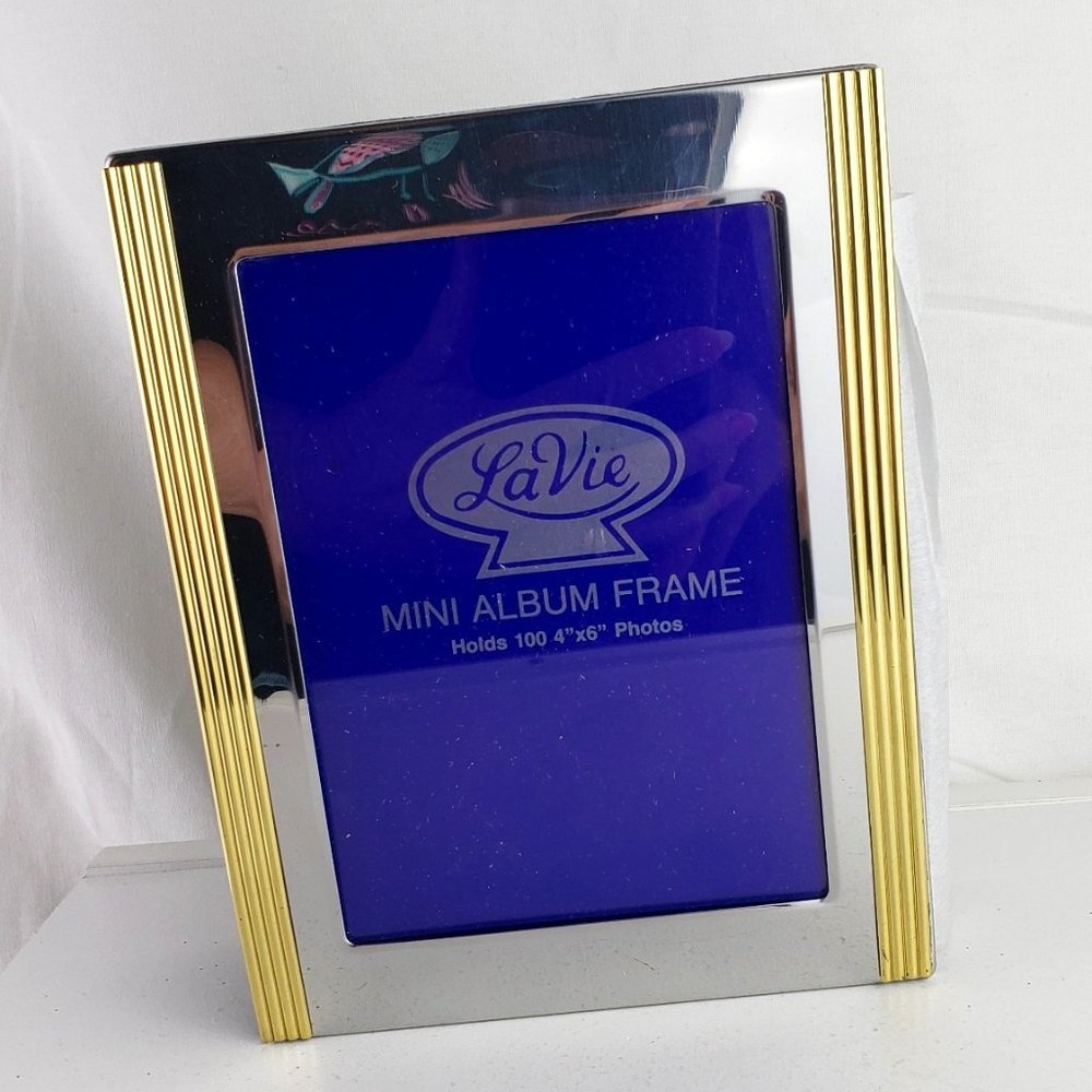 LaVie Mini Album Frame Photo Album Silvertone with Brass Accents NWT